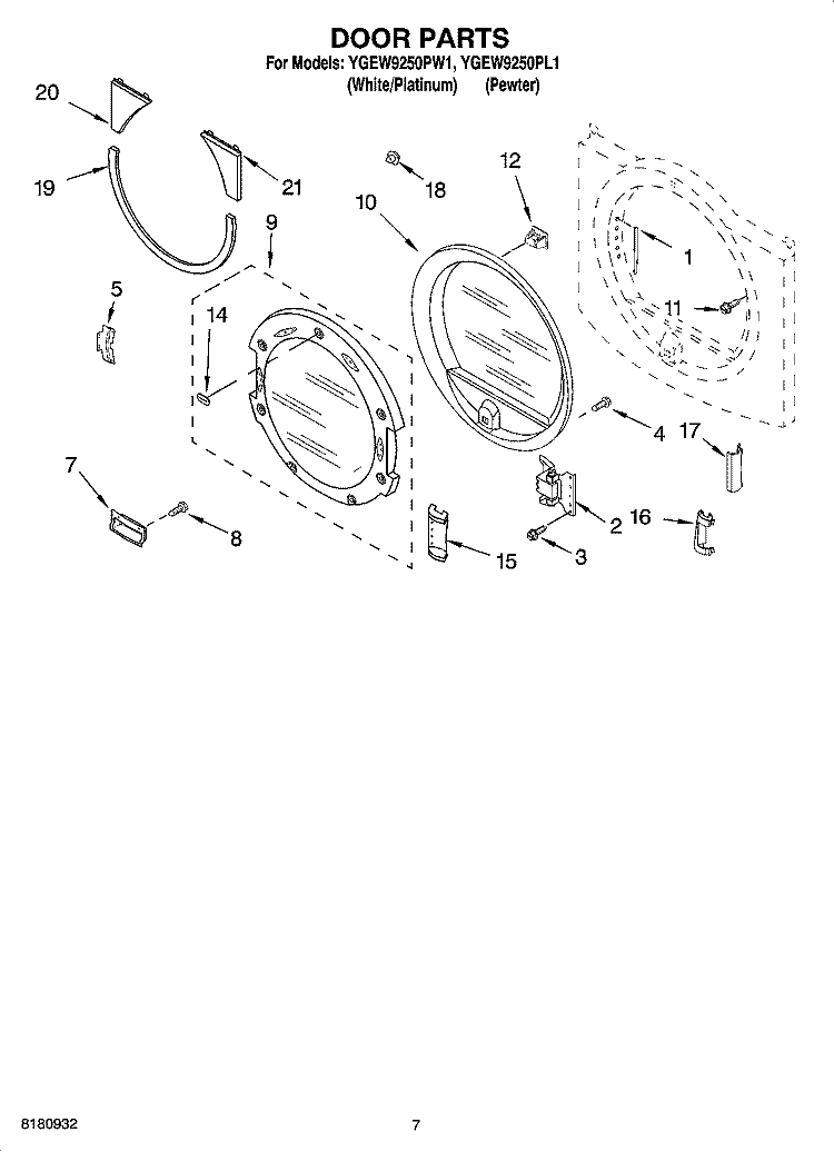 DOOR PARTS, OPTIONAL PARTS (NOT INCLUDED) Diagram and Parts List for YGEW9250PW1  Whirlpool Dryer