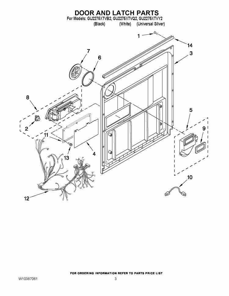 DOOR AND LATCH PARTS Diagram and Parts List for GU2275XTVB2  Whirlpool Dishwasher