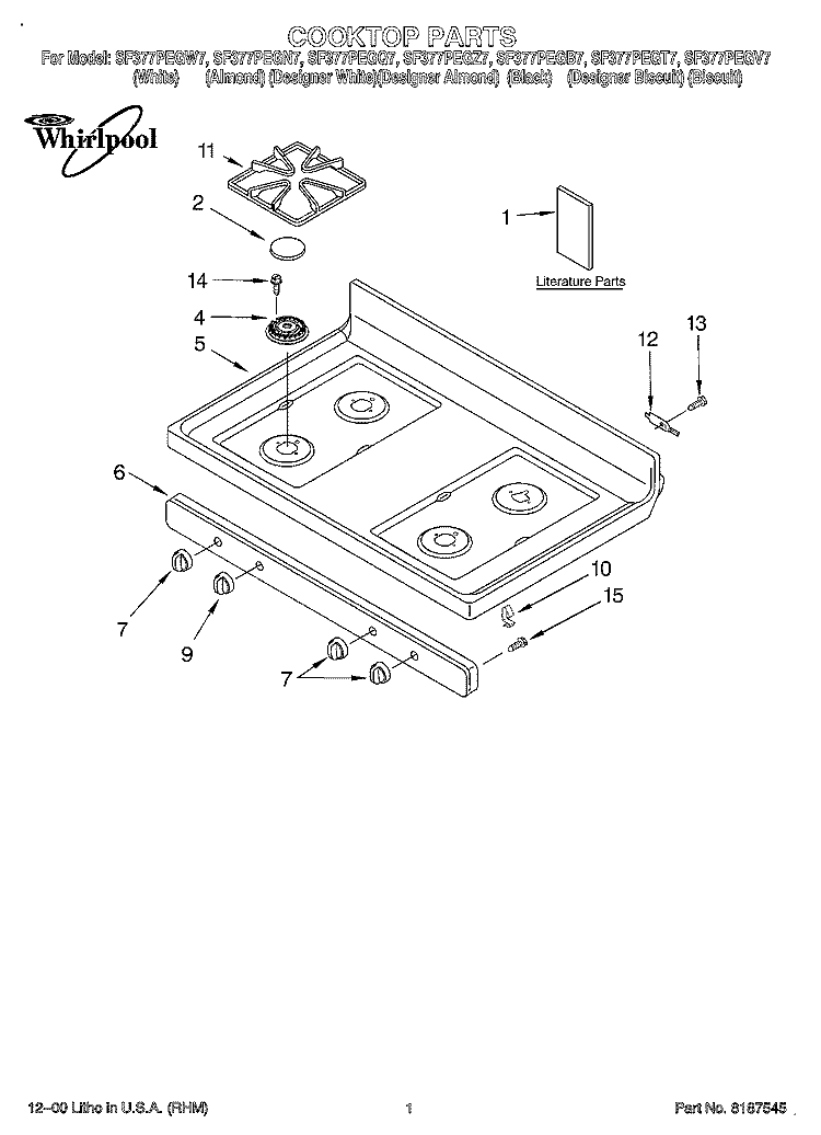COOKTOP, LITERATURE Diagram and Parts List for SF377PEGN7  Whirlpool Range