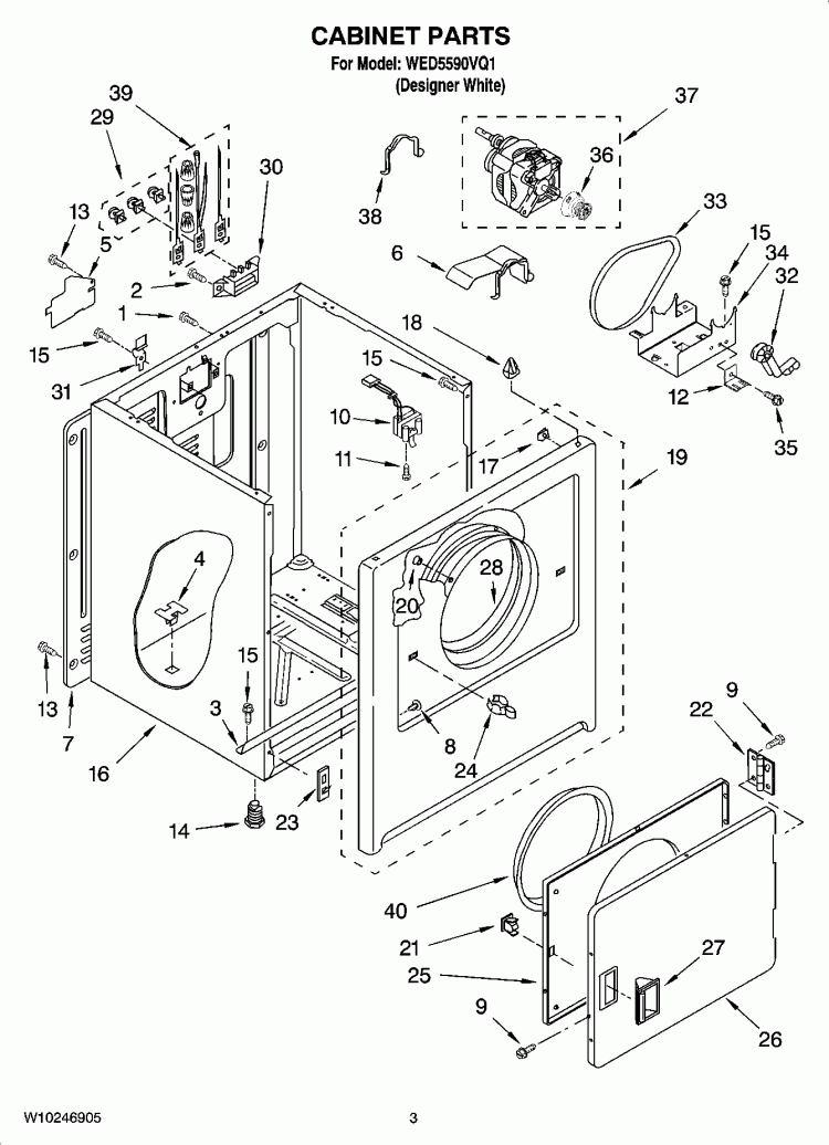 CABINET PARTS Diagram and Parts List for WED5590VQ1  Whirlpool Dryer