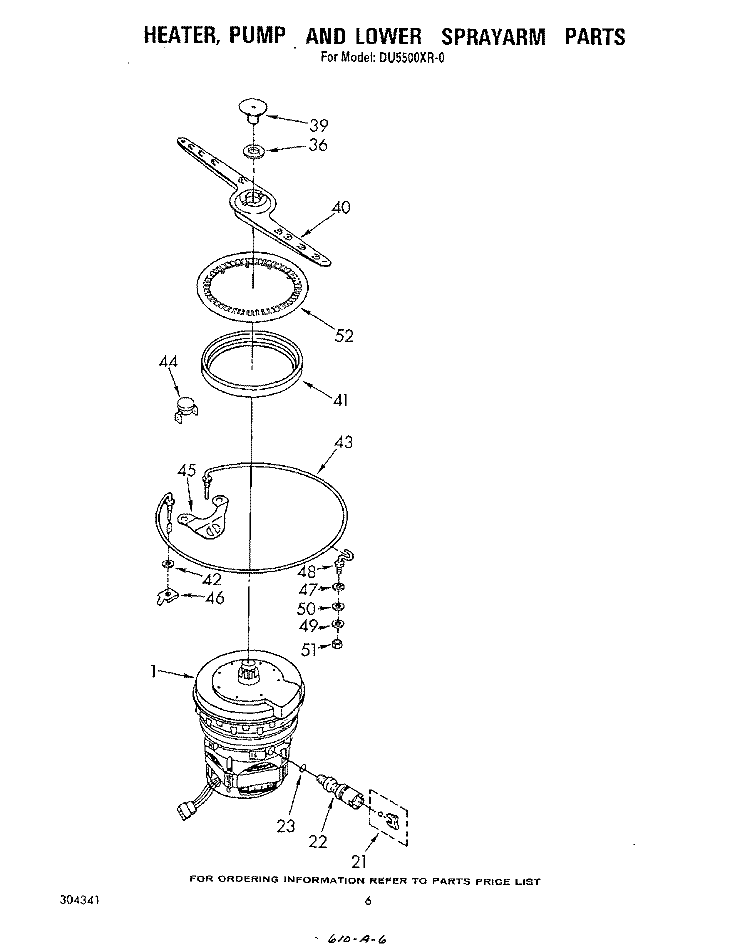 HEATER, PUMP AND LOWER SPRAY ARM Diagram and Parts List for DU5500XR0  Whirlpool Dishwasher