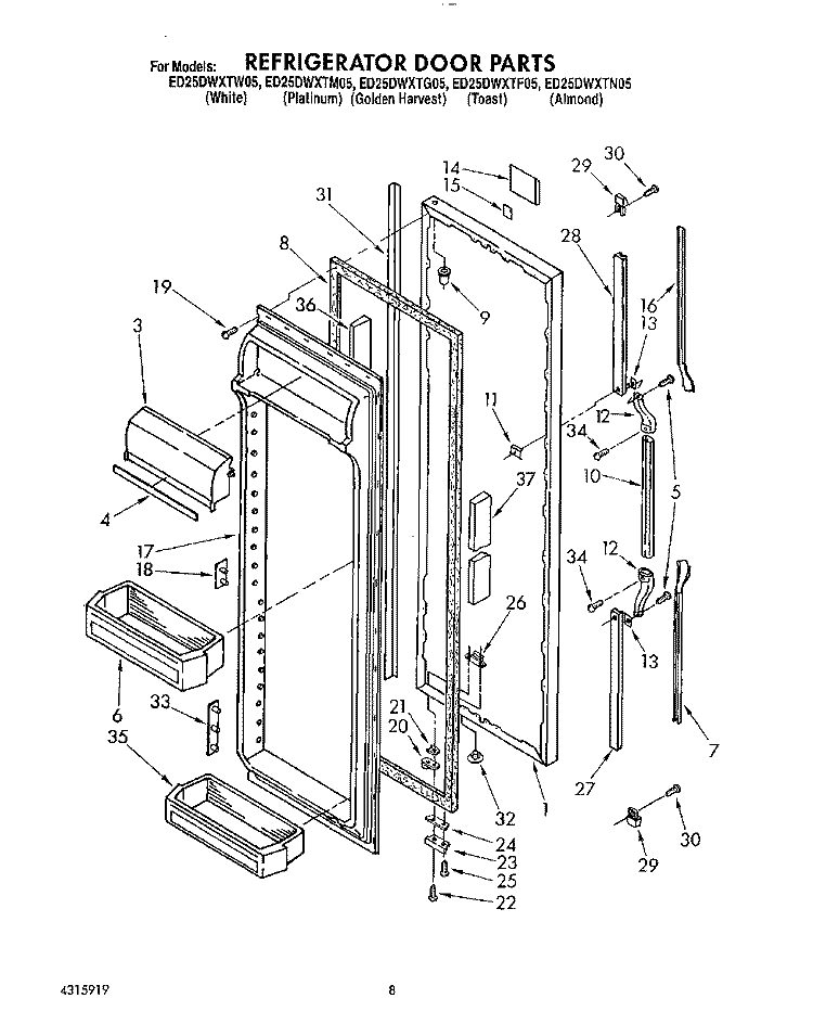 REFRIGERATOR DOOR Diagram and Parts List for ED25DWXTW05  Whirlpool Refrigerator