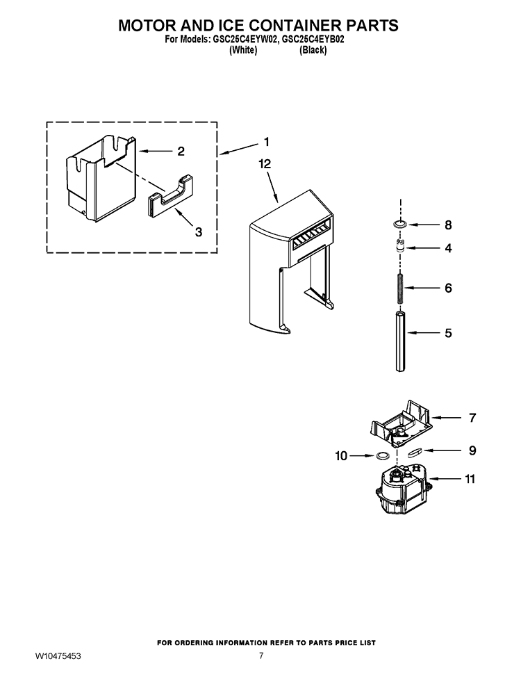 MOTOR AND ICE CONTAINER PARTS Diagram and Parts List for GSC25C4EYB02  Whirlpool Refrigerator