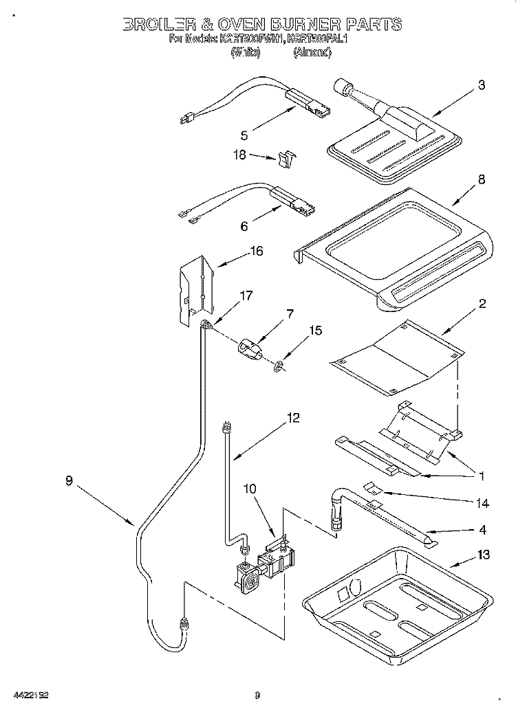 BROILER AND OVEN BURNER Diagram and Parts List for KGRT500FWH1  KitchenAid Range