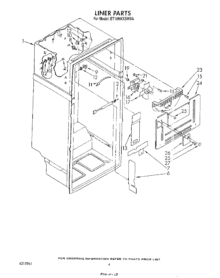 LINER Diagram and Parts List for ET18HKXSW0A  Whirlpool Refrigerator