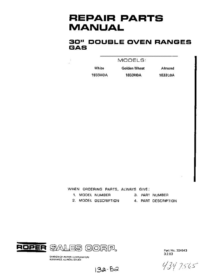 MAIN TOP Diagram and Parts List for 1833W0A  Whirlpool Range