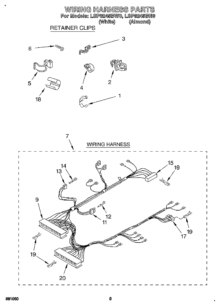 WIRING HARNESS Diagram and Parts List for LSP8245BN0  Whirlpool Washer