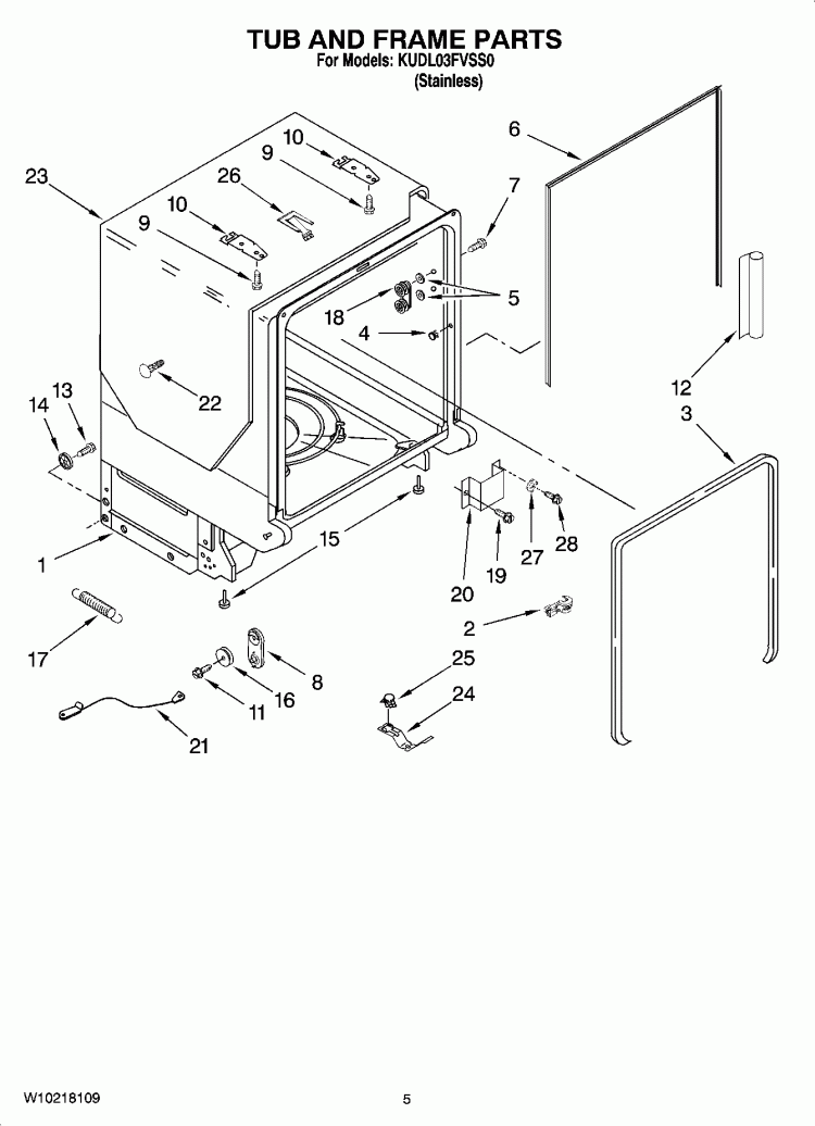 TUB AND FRAME PARTS Diagram and Parts List for KUDL03FVSS0  KitchenAid Dishwasher