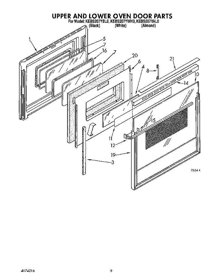 UPPER AND LOWER OVEN DOOR Diagram and Parts List for KEBS207YWH0  KitchenAid Wall Oven