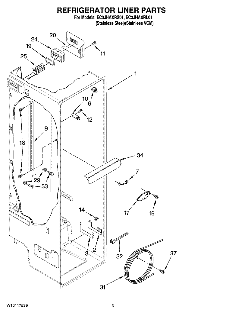REFRIGERATOR LINER PARTS Diagram and Parts List for EC3JHAXRS01  Whirlpool Refrigerator