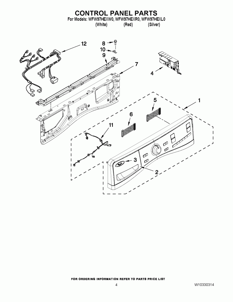 CONTROL PANEL PARTS Diagram and Parts List for WFW97HEXL0  Whirlpool Washer