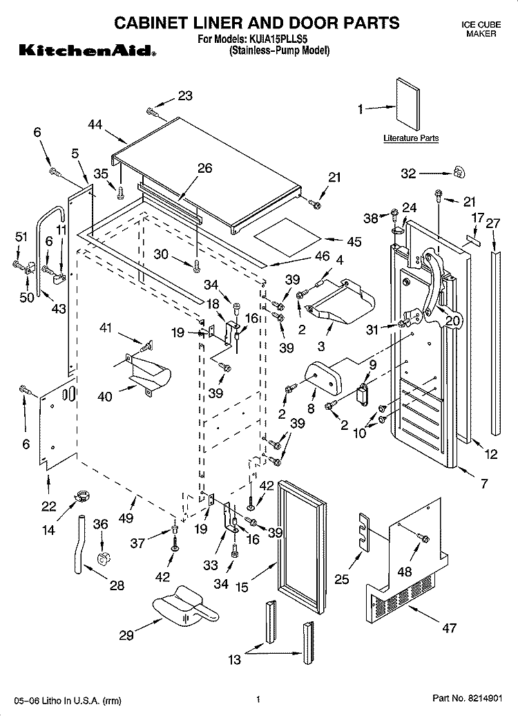 CABINET LINER AND DOOR PARTS Diagram and Parts List for KUIA15PLLS5  KitchenAid Ice Maker
