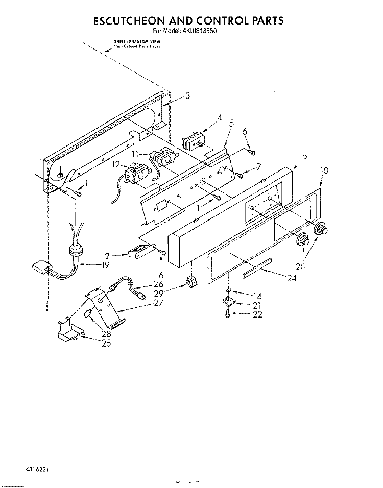ESCUTCHEON AND CONTROL Diagram and Parts List for 4KUIS185S0  KitchenAid Ice Maker
