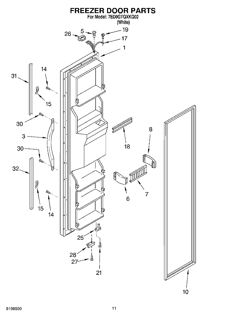 FREEZER DOOR PARTS Diagram and Parts List for 7ED0GTQXKQ02  Whirlpool Refrigerator