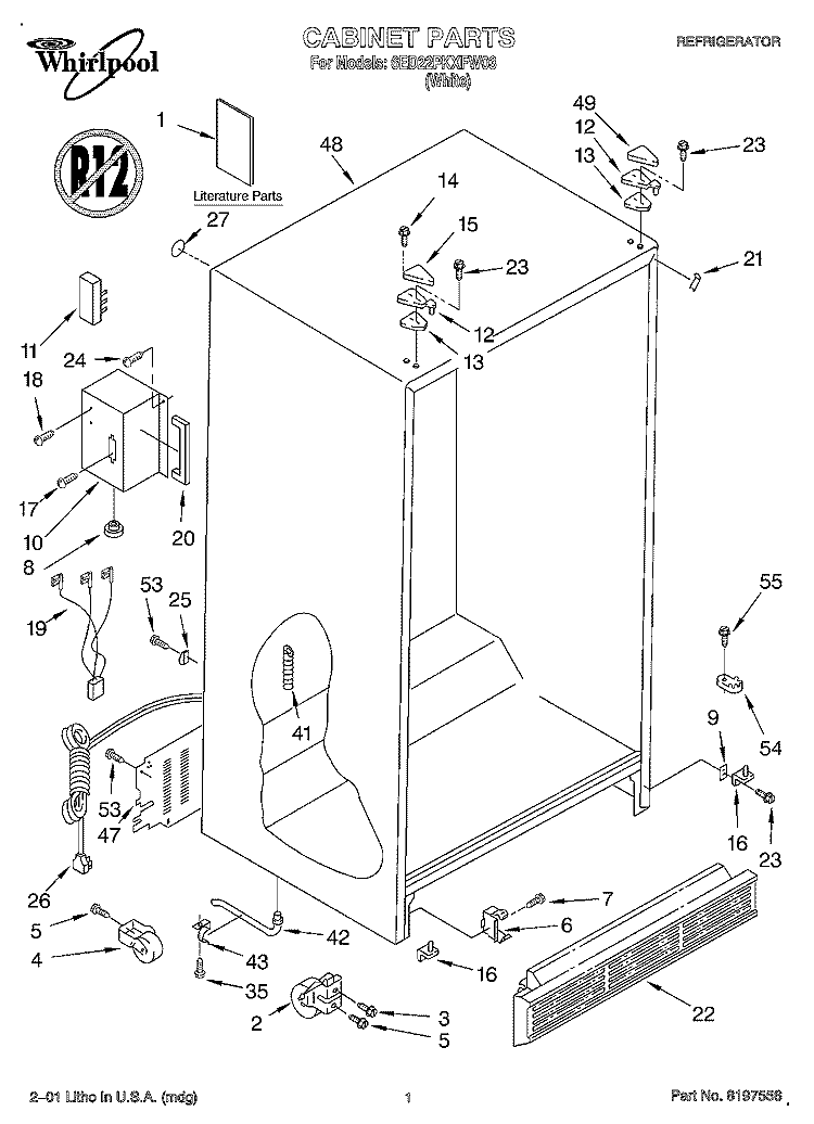 CABINET, LITERATURE Diagram and Parts List for 6ED22PKXFW03  Whirlpool Refrigerator
