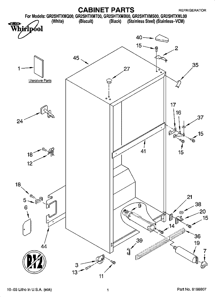 CABINET PARTS Diagram and Parts List for GR2SHTXML00  Whirlpool Refrigerator