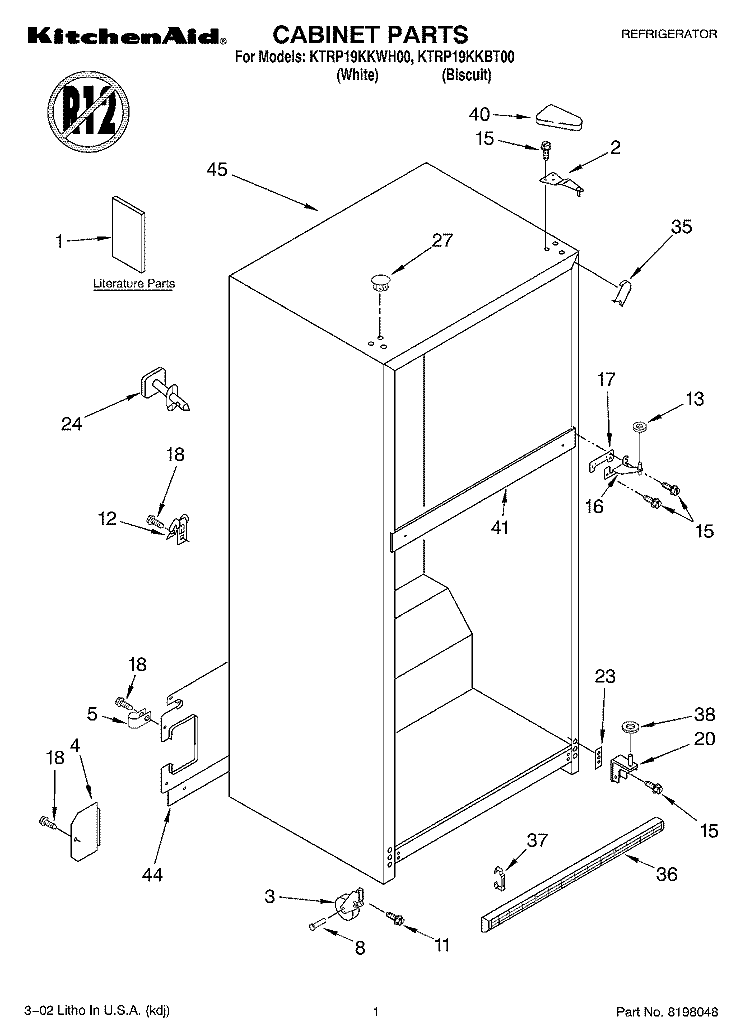 CABINET, LITERATURE Diagram and Parts List for KTRP19KKWH00  KitchenAid Refrigerator