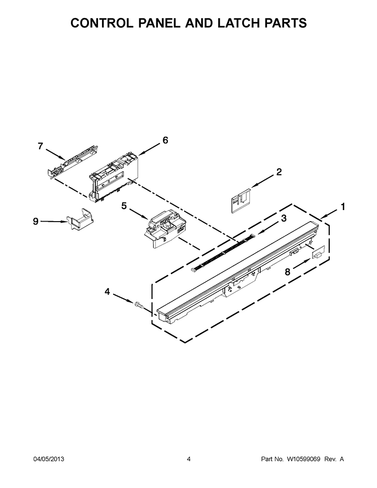 CONTROL PANEL AND LATCH PARTS Diagram and Parts List for KUDS30FXBL9  KitchenAid Dishwasher