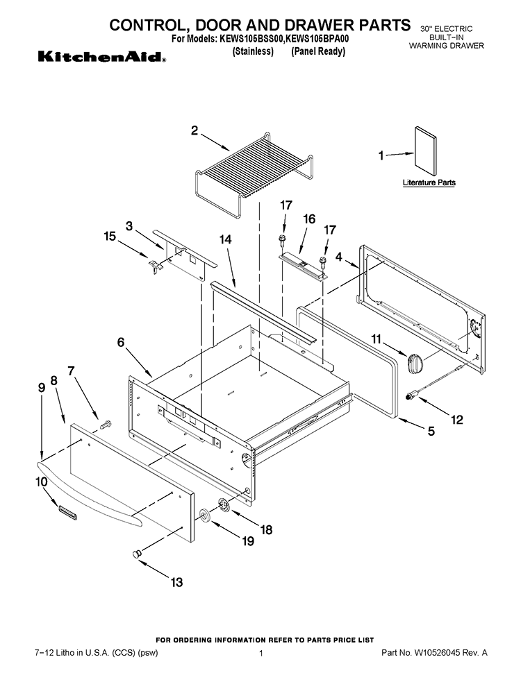 CONTROL, DOOR AND DRAWER PARTS Diagram and Parts List for KEWS105BPA00  KitchenAid Warming Drawer