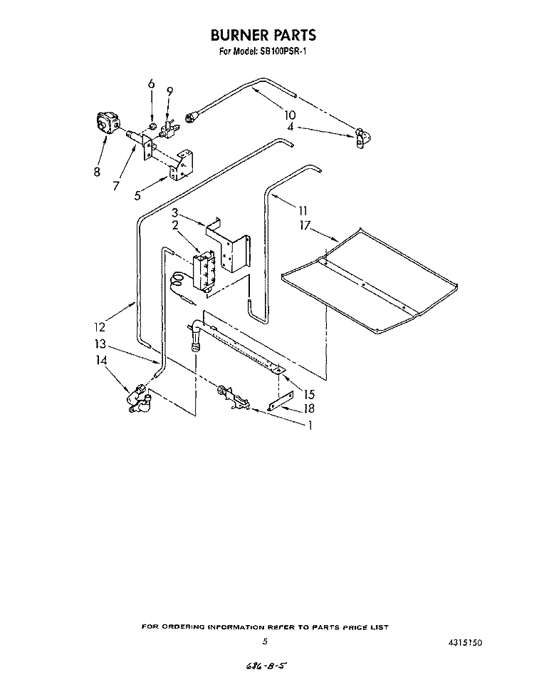 BURNER Diagram and Parts List for SB100PSR1  Whirlpool Range