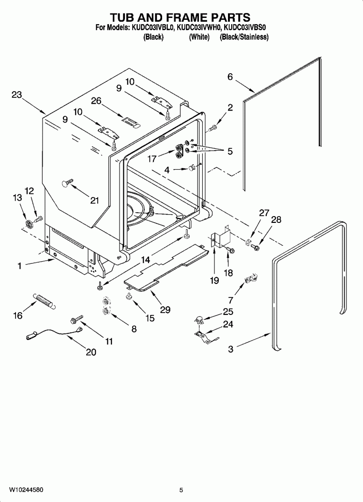 TUB AND FRAME PARTS Diagram and Parts List for KUDC03IVBL0  KitchenAid Dishwasher