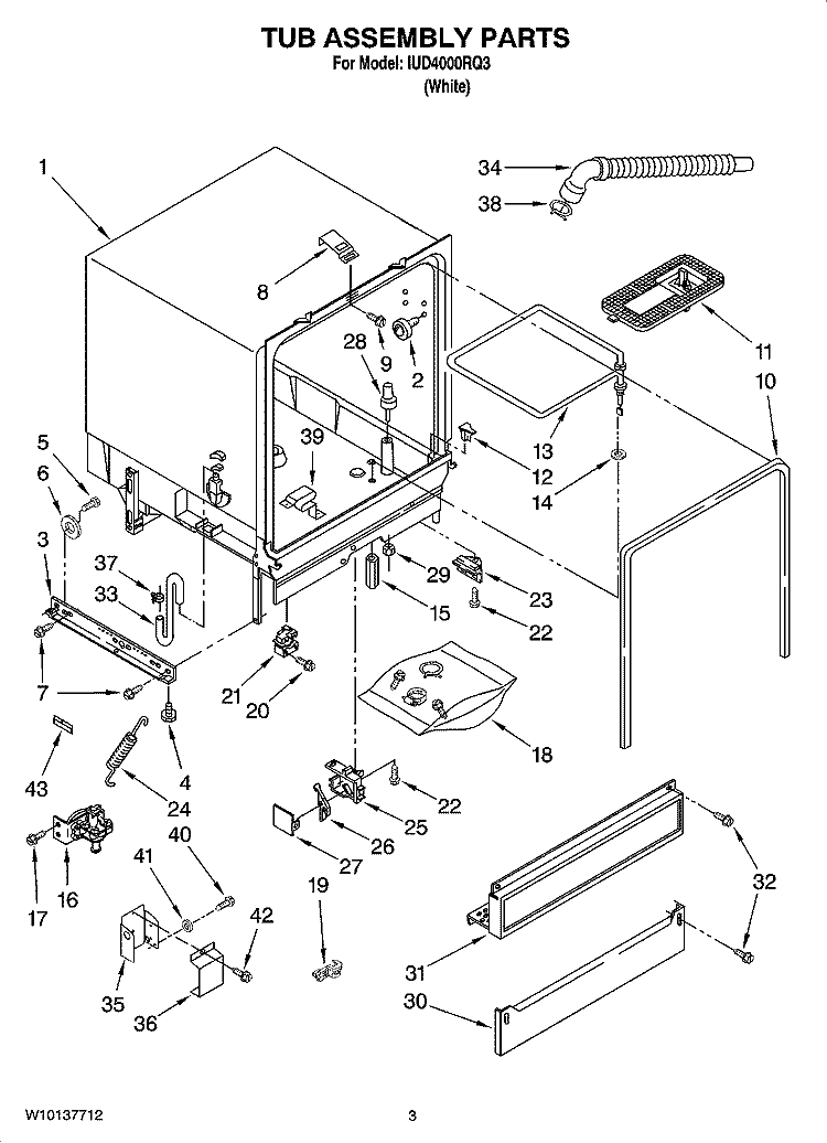 TUB ASSEMBLY PARTS Diagram and Parts List for IUD4000RQ3  Whirlpool Dishwasher