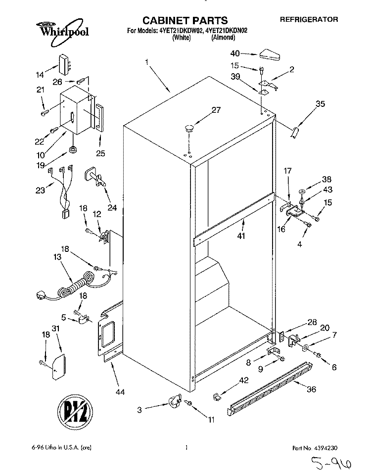 CABINET Diagram and Parts List for 4YET21DKDN02  Whirlpool Refrigerator