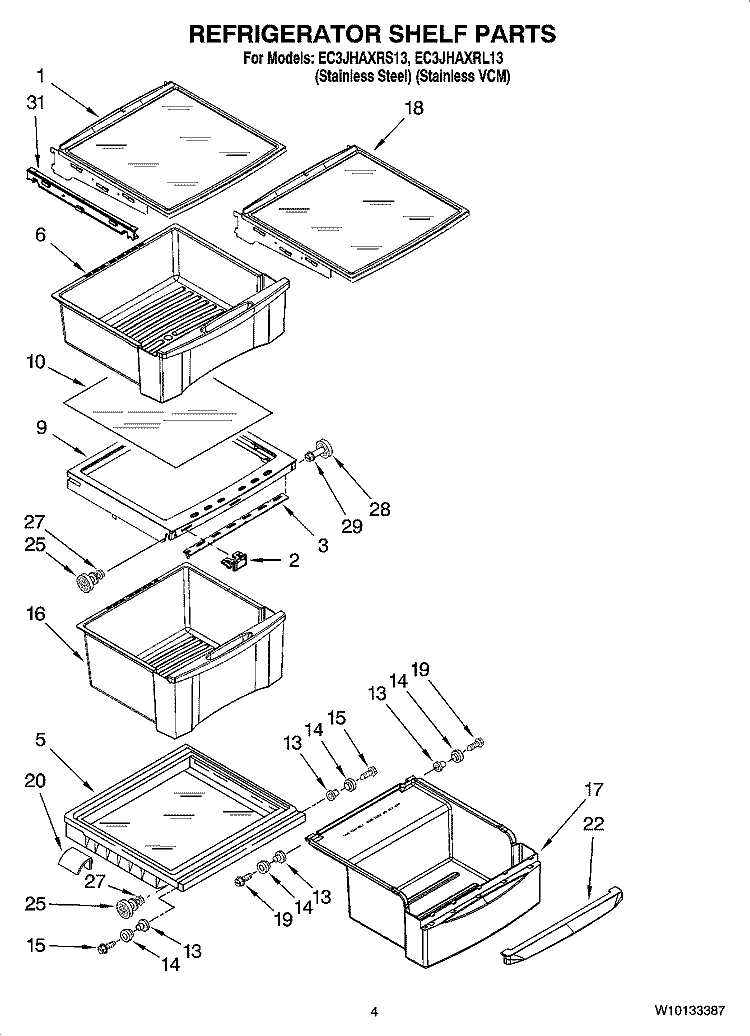 REFRIGERATOR SHELF PARTS Diagram and Parts List for EC3JHAXRL13  Whirlpool Refrigerator