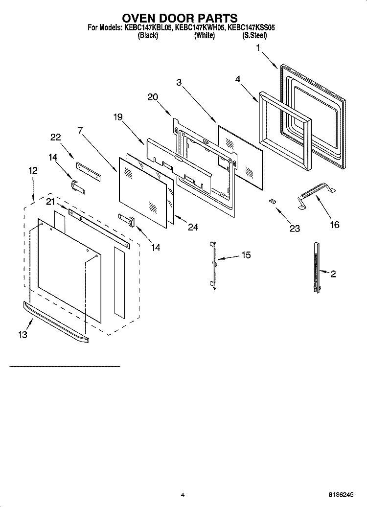 OVEN DOOR PARTS Diagram and Parts List for KEBC147KSS05  KitchenAid Range