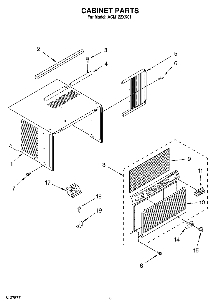 CABINET Diagram and Parts List for ACM122XK01  Whirlpool Air Conditioner