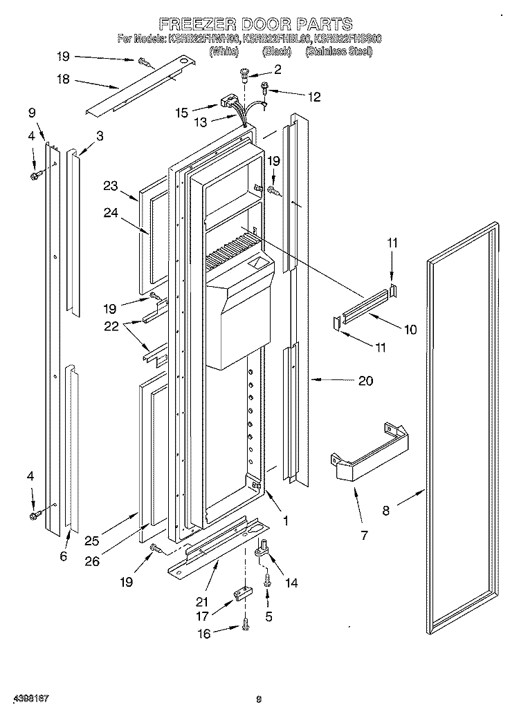 FREEZER DOOR Diagram and Parts List for KSRB22FHBL00  KitchenAid Refrigerator