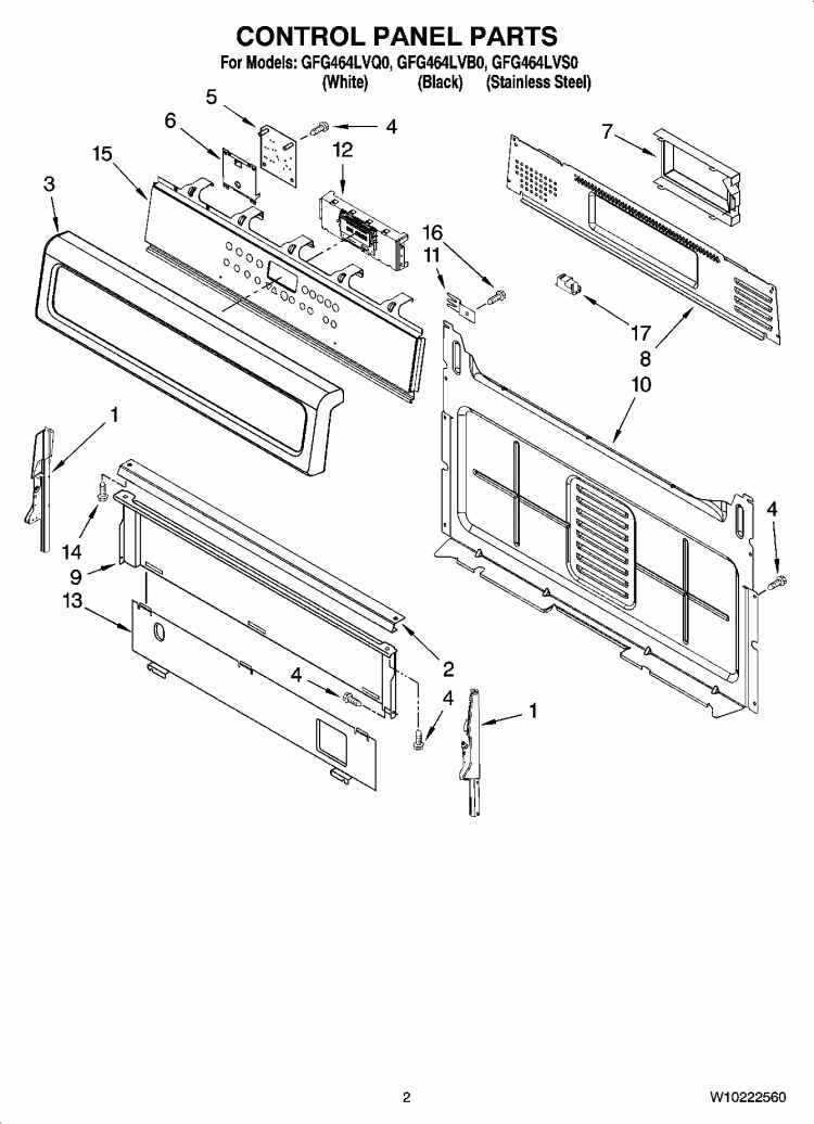 CONTROL PANEL PARTS Diagram and Parts List for GFG464LVQ0  Whirlpool Range