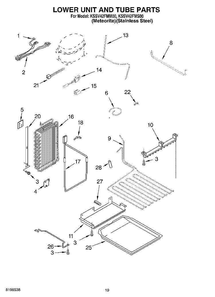 LOWER UNIT AND TUBE PARTS Diagram and Parts List for KSSV42FMS00  KitchenAid Refrigerator