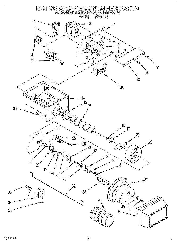 MOTOR AND ICE CONTAINER Diagram and Parts List for KSRS25FDWH01  KitchenAid Refrigerator