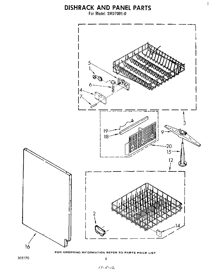 DISHRACK Diagram and Parts List for SHU70050  Whirlpool Dishwasher