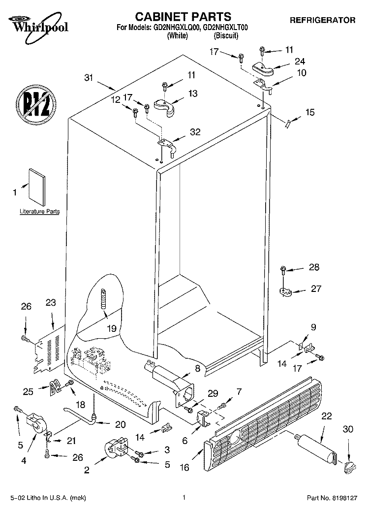 CABINET, LITERATURE Diagram and Parts List for GD2NHGXLQ00  Whirlpool Refrigerator