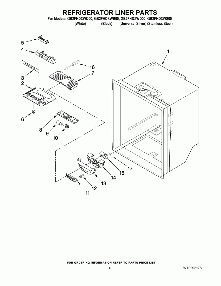 REFRIGERATOR LINER PARTS Diagram and Parts List for GB2FHDXWD00  Whirlpool Refrigerator