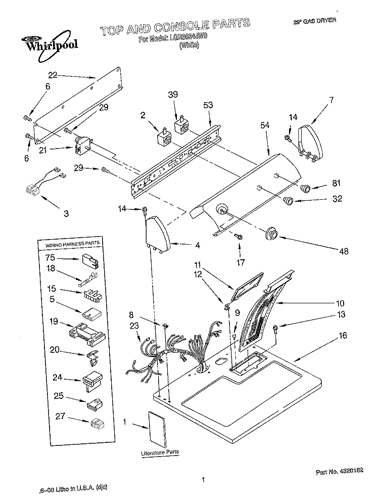 TOP AND CONSOLE, LIT/OPTIONAL Diagram and Parts List for LGR3634JW0  Whirlpool Dryer
