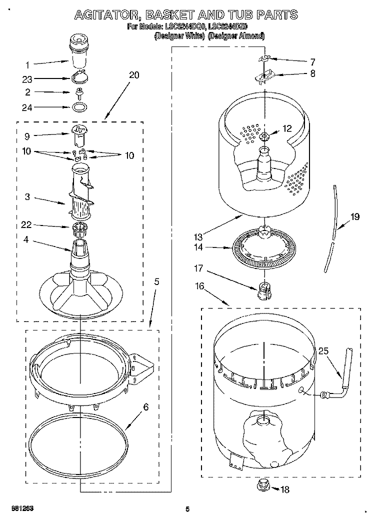 AGITATOR, BASKET AND TUB Diagram and Parts List for LSC8244DZ0  Whirlpool Washer