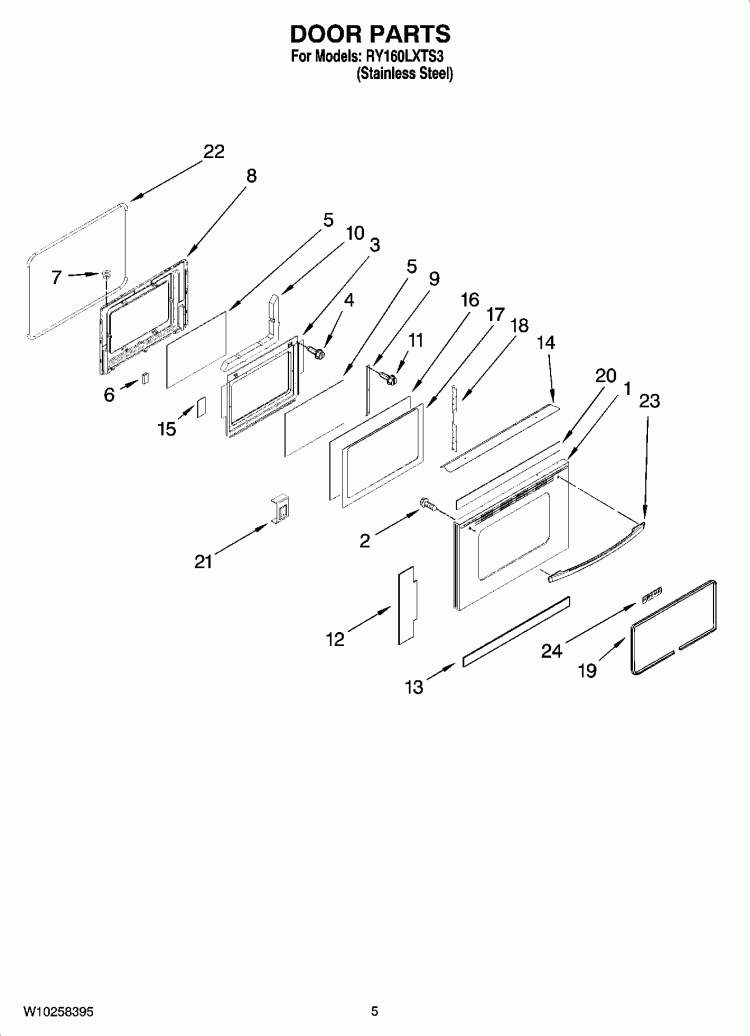 DOOR PARTS Diagram and Parts List for RY160LXTS3  Whirlpool Range