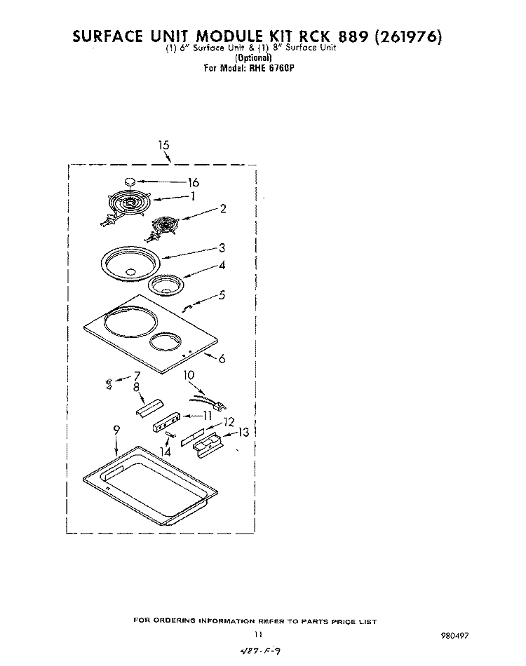 SURFACE UNIT RCK 889 (261976) Diagram and Parts List for RHE6760P  Whirlpool Range