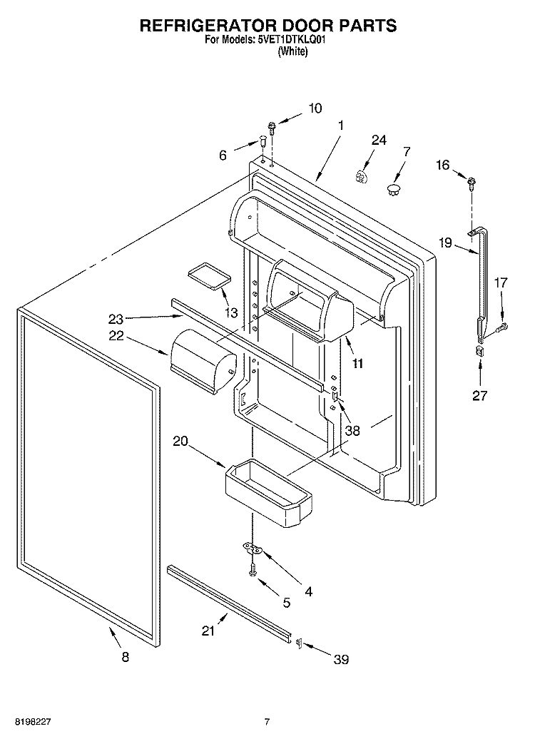 REFRIGERATOR DOOR Diagram and Parts List for 5VET1DTKLQ01  Whirlpool Refrigerator