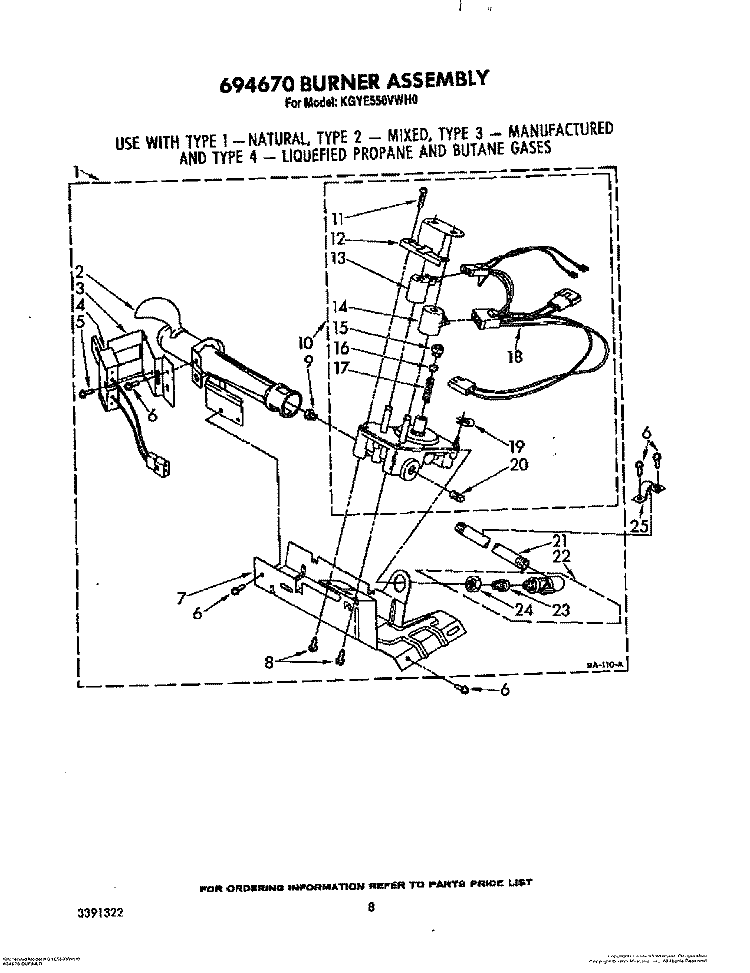 694670 BURNER Diagram and Parts List for KGYE550VAL0  KitchenAid Dryer