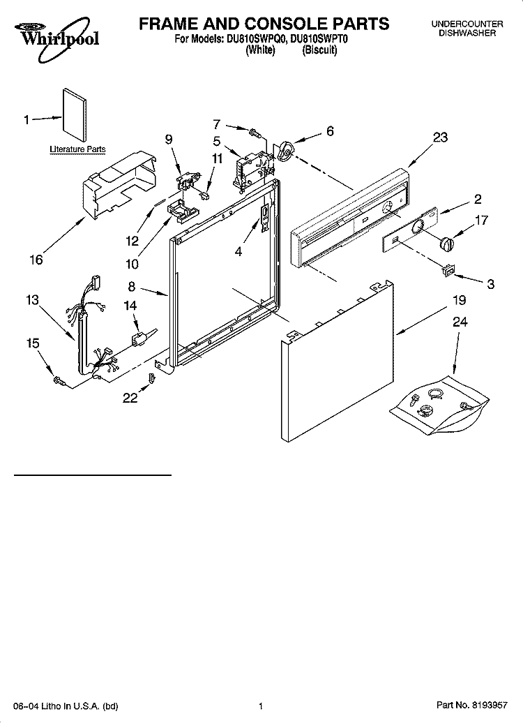 FRAME AND CONSOLE PARTS Diagram and Parts List for DU810SWPQ0  Whirlpool Dishwasher