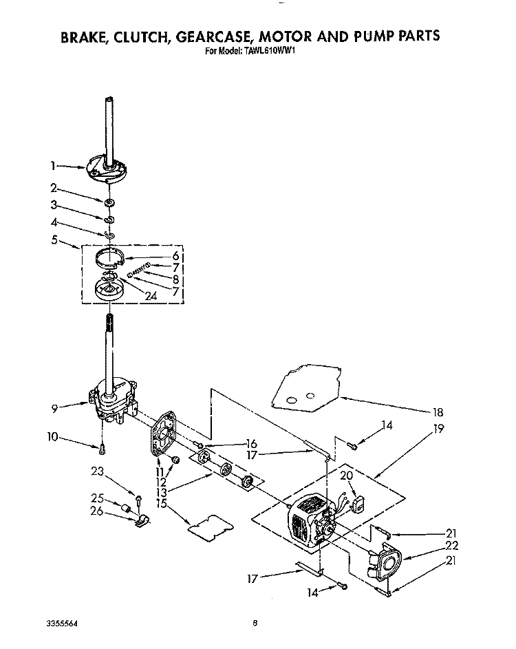 BRAKE, CLUTCH, GEARCASE, MOTOR AND PUMP Diagram and Parts List for TAWL610WW1  Estate Washer