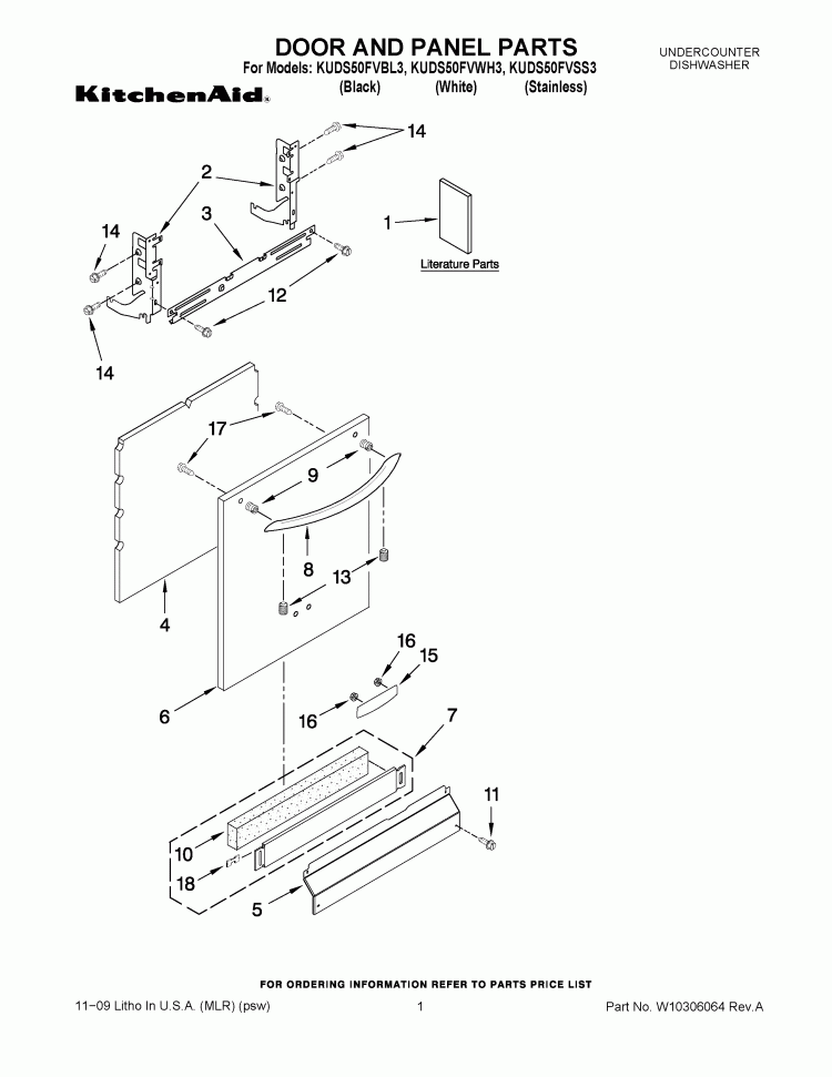 DOOR AND PANEL PARTS Diagram and Parts List for KUDS50FVBL3  KitchenAid Dishwasher