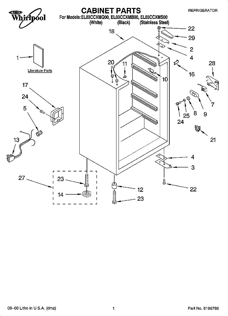 CABINET PARTS Diagram and Parts List for EL03CCXMB00  Whirlpool Refrigerator