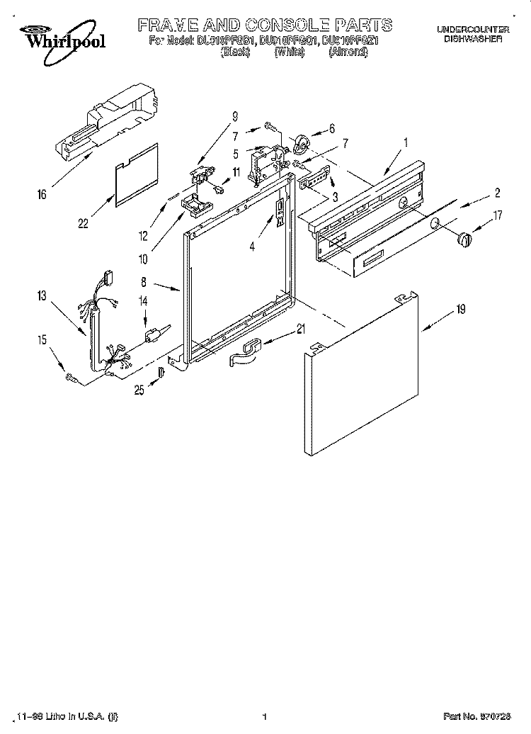 FRAME AND CONSOLE Diagram and Parts List for DU910PFGB1  Whirlpool Dishwasher