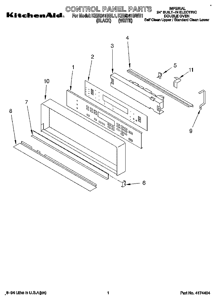 CONTROL PANEL, LITERATURE Diagram and Parts List for KEBI241BBL1  KitchenAid Wall Oven