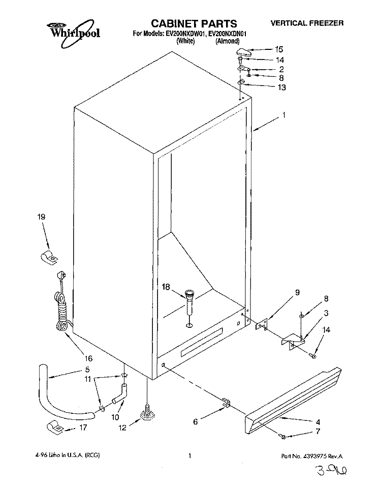 CABINET, LIT/OPTIONAL Diagram and Parts List for EV200NXDN01  Whirlpool Freezer